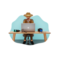 Secret Agent Working Using Laptop 3D Character Illustration png