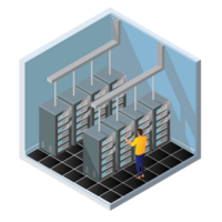 prueba de diagnóstico isométrica en una sala de computadoras del servidor. prueba de servidor en la habitación. servidores que se prueban en la sala. comunicación tecnológica. figura de palo de infografía png