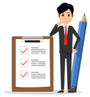 Businessman and pencil at big complete checklist with tick marks. Business organization and achievements of goals concept. Check list with tick mark, businessman with questionnaire png