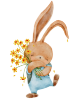 Lapin mignon tenant une peinture à la main à l'eau de fleur Lapin dessiné à la main de dessin animé Élément de personnage de lièvre pour carte de voeux de Pâques Affiche de printemps d'été Illustration vectorielle png