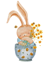 Cute Rabbit holding Easter Egg Waterolour hand paint,Cartoon hand drawn Bunny,Hare character element for Easter greeting card, Spring,Summer poster png