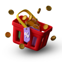 rendu 3d illustration de concept créatif sac à provisions dans le panier de réduction png