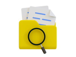 3d minimal documents analysis. document security concept. file examination. Checking work files for a security. documents with a magnifying glass. 3d rendering illustration. png