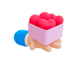 3d minimal symbol of love. Happy Valentine's day. valentine compositions. cartoon hand holding a box full of hearts. 3d illustration. png