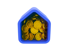 Tirelire de maison minimale 3d. forme de maison avec des pièces de monnaie. Illustration 3D.