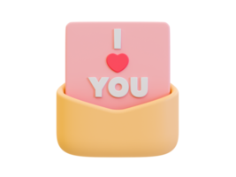 lettre d'amour minimale 3d. composition de la Saint-Valentin. enveloppe avec un papier et je t'aime mots. Illustration 3D. png