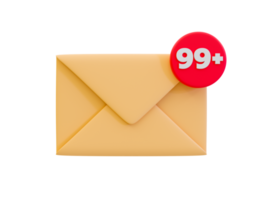 Recordatorio mínimo de mensajes no leídos en 3d. notificación de carta. sobre con notificación de 99 mensajes no leídos. ilustración 3d png