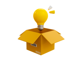 3d minimal cardbox with a lightbulb. Spark creative ideas. 3d illustration. png