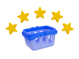 Cesto de compras mínimo 3d com cinco estrelas. conceito de classificação de serviço. ilustração de renderização 3D. png