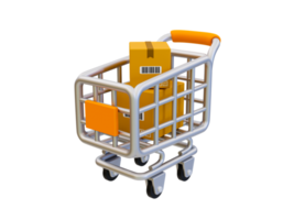 Carro de compras mínimo 3d con cajas de cartón. ilustración 3d png