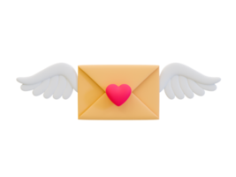 Message d'amour minimal 3d. Saint Valentin. joyeux e-mail de la saint valentin. enveloppe romantique. lettre d'amour avec une aile. Illustration 3D. png