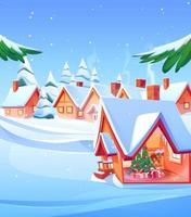 Winter village landscape, Christmas tree in house vector