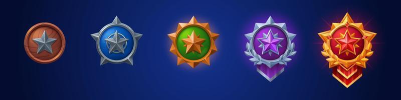 Cartoon set of game badges of different rank vector