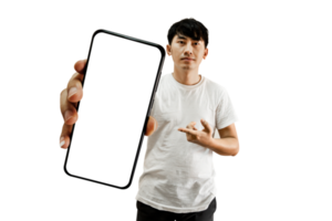 Asian Man Hand Pointing At Empty White Smartphone Screen png