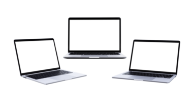 Laptop computer with blank transparent screen and background- PNG format.