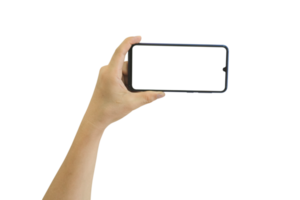 Hand holding mobile phone with blank transparent screen and background- PNG format.