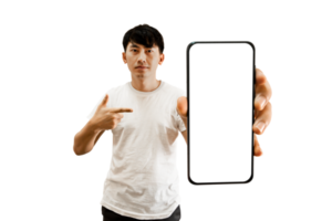 main d'homme asiatique pointant vers l'écran blanc vide du smartphone png