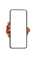 Hand holding mobile phone with blank screen isolated on transparent background - PNG file.