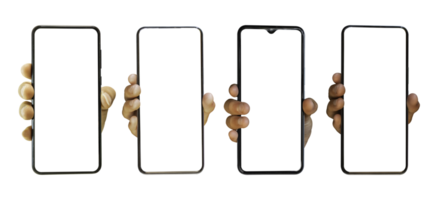 Set of Hand holding mobile smartphone with blank transparent screen and background - PNG file.