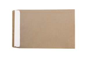 Brown envelope with white paper inside isolated on transparent background PNG file.