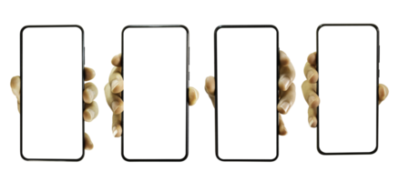 conjunto de mão segurando smartphone móvel com tela transparente em branco e fundo - arquivo png. png