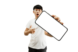 main d'homme asiatique pointant vers l'écran blanc vide du smartphone png