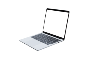 Laptop computer with blank transparent screen and background- PNG format.