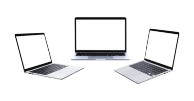 Laptop computer with blank transparent screen and background- PNG format.