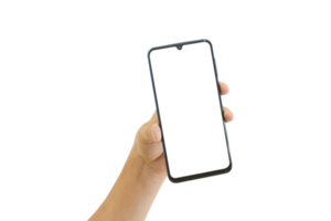 mano que sostiene el teléfono móvil con pantalla transparente en blanco y fondo-formato png. png