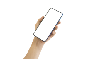Hand holding mobile phone with blank transparent screen and background- PNG format.