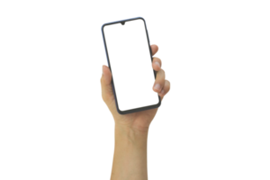 Hand holding mobile phone with blank transparent screen and background- PNG format.