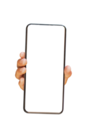 Hand holding mobile phone with blank transparent screen and background - PNG file.