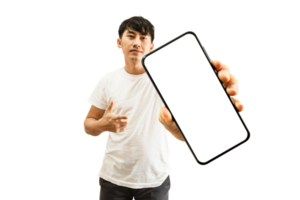 mão de homem asiático apontando para a tela branca vazia do smartphone png