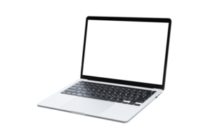 Laptop computer with blank transparent screen and background- PNG format.