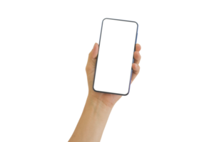 Hand holding mobile phone with blank transparent screen and background- PNG format.