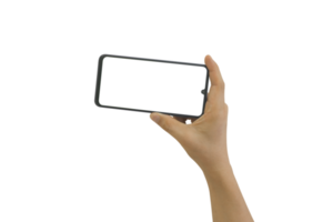 Hand holding mobile phone with blank transparent screen and background- PNG format.