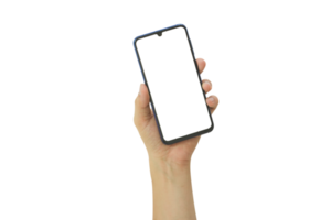 Hand holding mobile phone with blank transparent screen and background- PNG format.