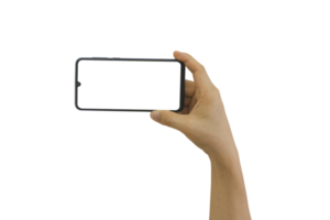 Hand holding mobile phone with blank transparent screen and background- PNG format.