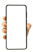 Hand holding mobile smartphone with blank transparent screen and background - PNG file.