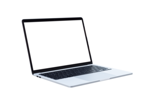 Laptop computer with blank transparent screen and background- PNG format.