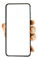 Hand holding mobile smartphone with blank transparent screen and background - PNG file.