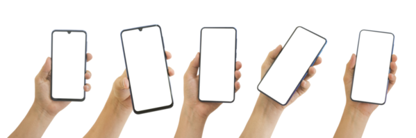 conjunto de mano que sostiene el teléfono móvil con pantalla transparente en blanco y formato png de fondo.