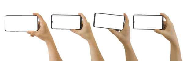 Set of Hand holding mobile phone with blank transparent screen and background- PNG format.