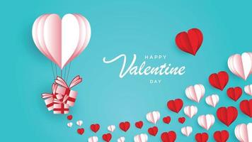 Valentine day with heart baloon and gift. Paper cut style. vector