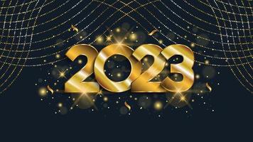 Golden numbers with Christmas decoration and confetti on dark blue background. Happy new year 2023. vector