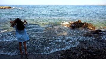 femme élégante sur la plage rocheuse de la mer video