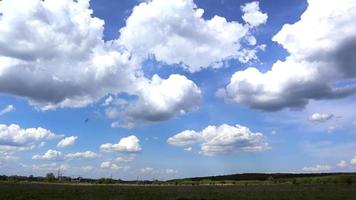 um campo com um céu azul claro cheio de nuvens brancas no fundo em um clima de verão ensolarado, sem vento ou chuva. video