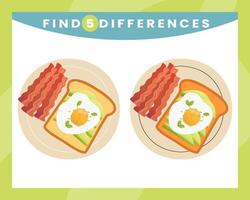 Find 5 different of toast illustration worksheet kids vector