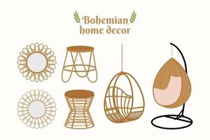 hermosos muebles y decoración bohemia. vector de decoración del hogar bohemio