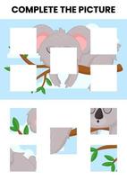 Complete the picture animal puzzle worksheet for kids vector